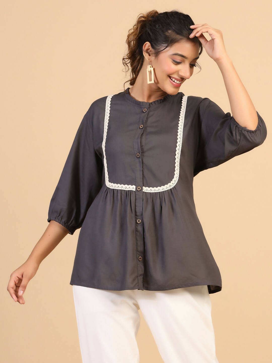 Womens Grey Rayon Solid Top - Keeva