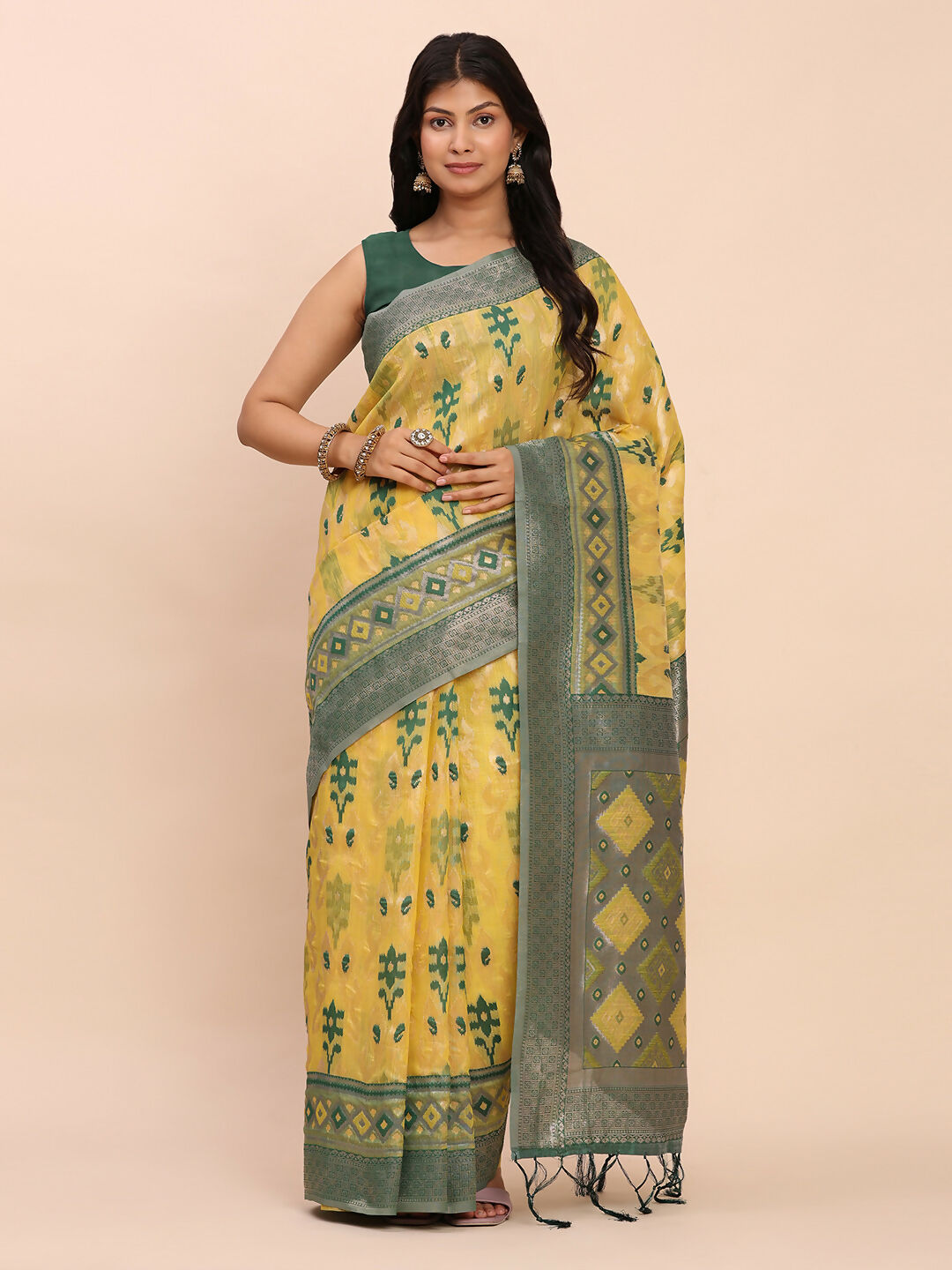 Shree Shyam Fashion Linen Cotton Yellow Saree - Distacart