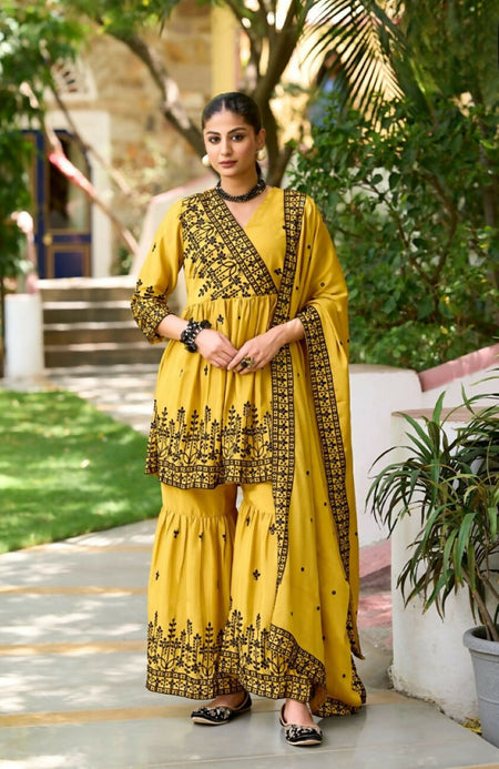 Anaita Yellow Chinon Readymade Sharara Suit with Embroidery Work