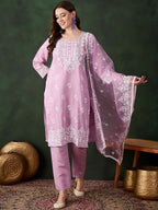 Sangria Lavender Floral Embroidered Thread Work Cotton Kurta & Trouser With Dupatta