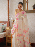 Prime Volt Women's Off-White Floral Digital Print Soft Linen Saree With Blouse - Distacart