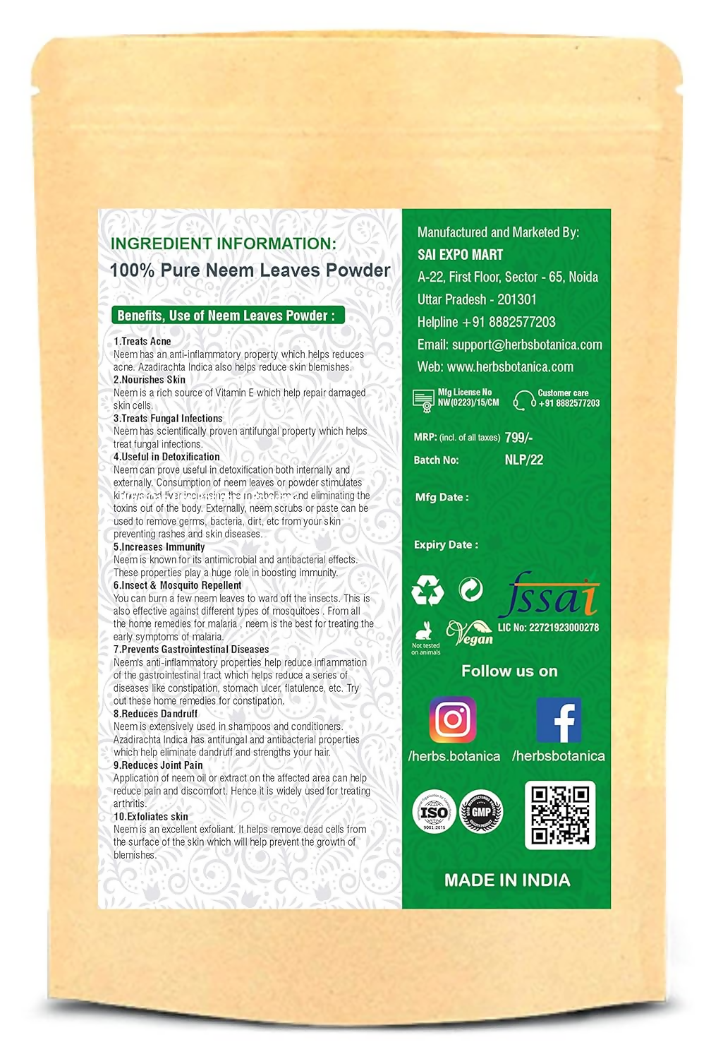 Herbs Botanica Neem Leaves Powder