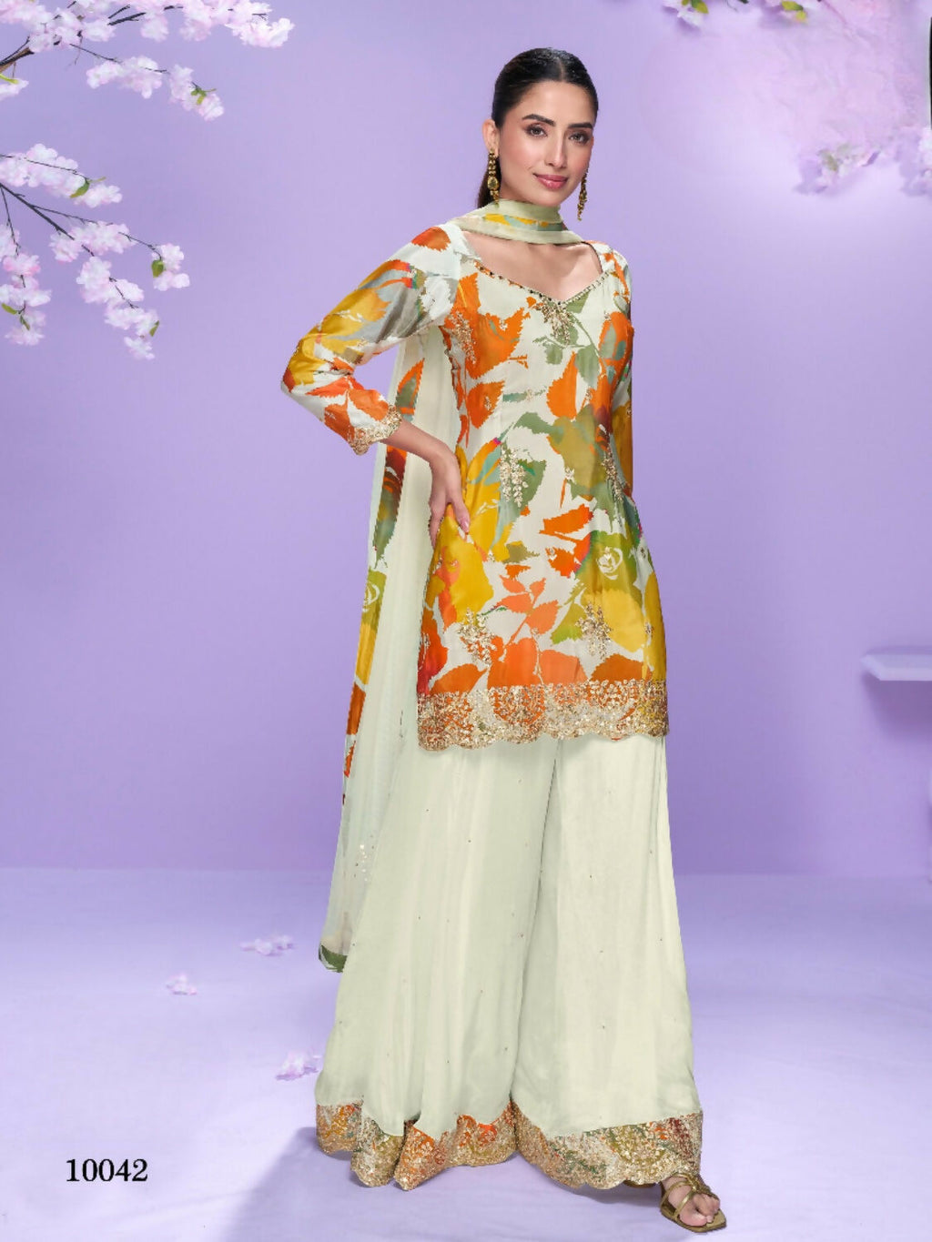 Anaita White Chinon Readymade Palazzo Suit with Digital Embroidery Work - Distacart