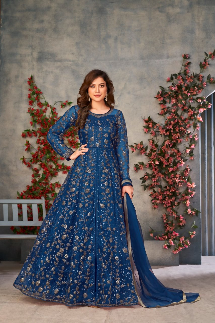 Anaita Blue Embroidered Net Stitched Anarkali suit - Distacart