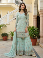 Teeya Creation Sky Faux Georgette Multi Thread Work Wedding Wear Sharara Set - Distacart