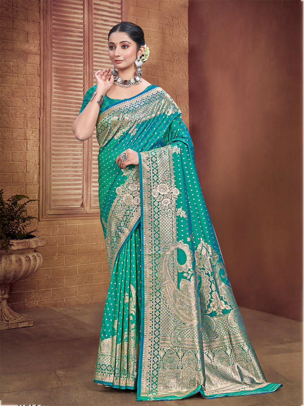 Sangam Prints Teal Green Silk Woven Work Traditional Saree
