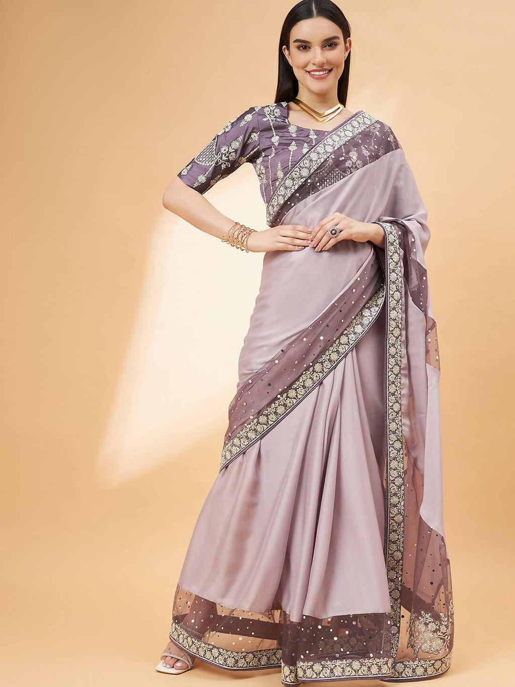 Mauve Silk Georgette Ribbon Embroidery Saree - Norita Hit Design