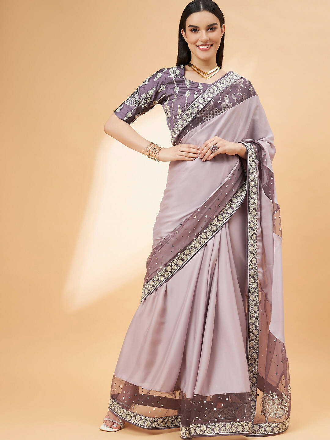 Mauve Silk Georgette Ribbon Embroidery Saree - Norita Hit Design
