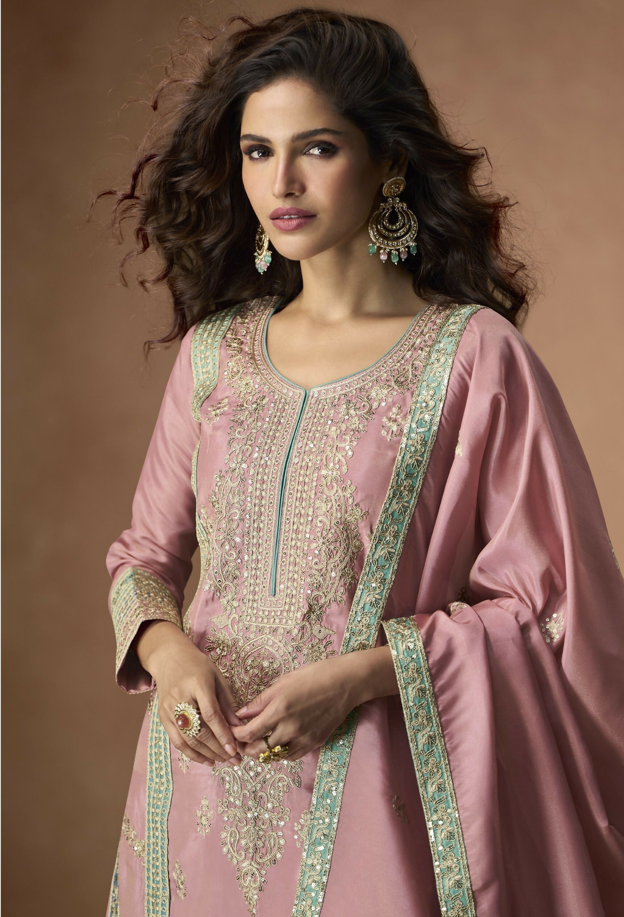Anaita Pink Chinon Readymade Palazzo Suit with Embroidery Sequence Work - Distacart
