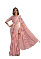 Peach Georgette Crepe Silk Sequence Embroidered Saree With Stitched Blouse - Mohmanthan La Belle