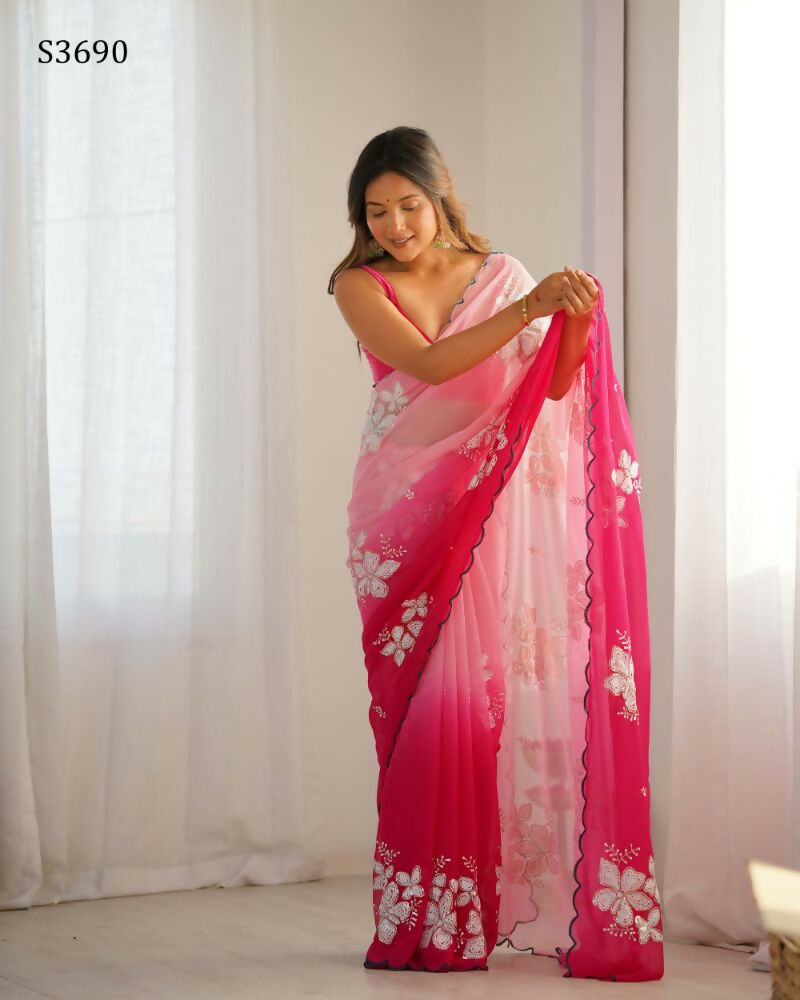 Pink Georgette Pedding Color, Embroidery Work Party Wear Saree - Erisha