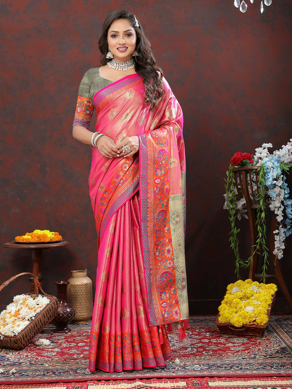 Lorenvalley Fashion Pink Kanjivaram Silk Woven Design with Zari Weaving Saree