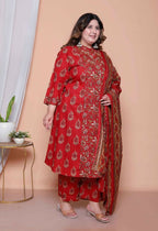 Miravan Women Floral Print Cotton Maroon Stitched Kurta Palazzo With Dupatta Set - Distacart