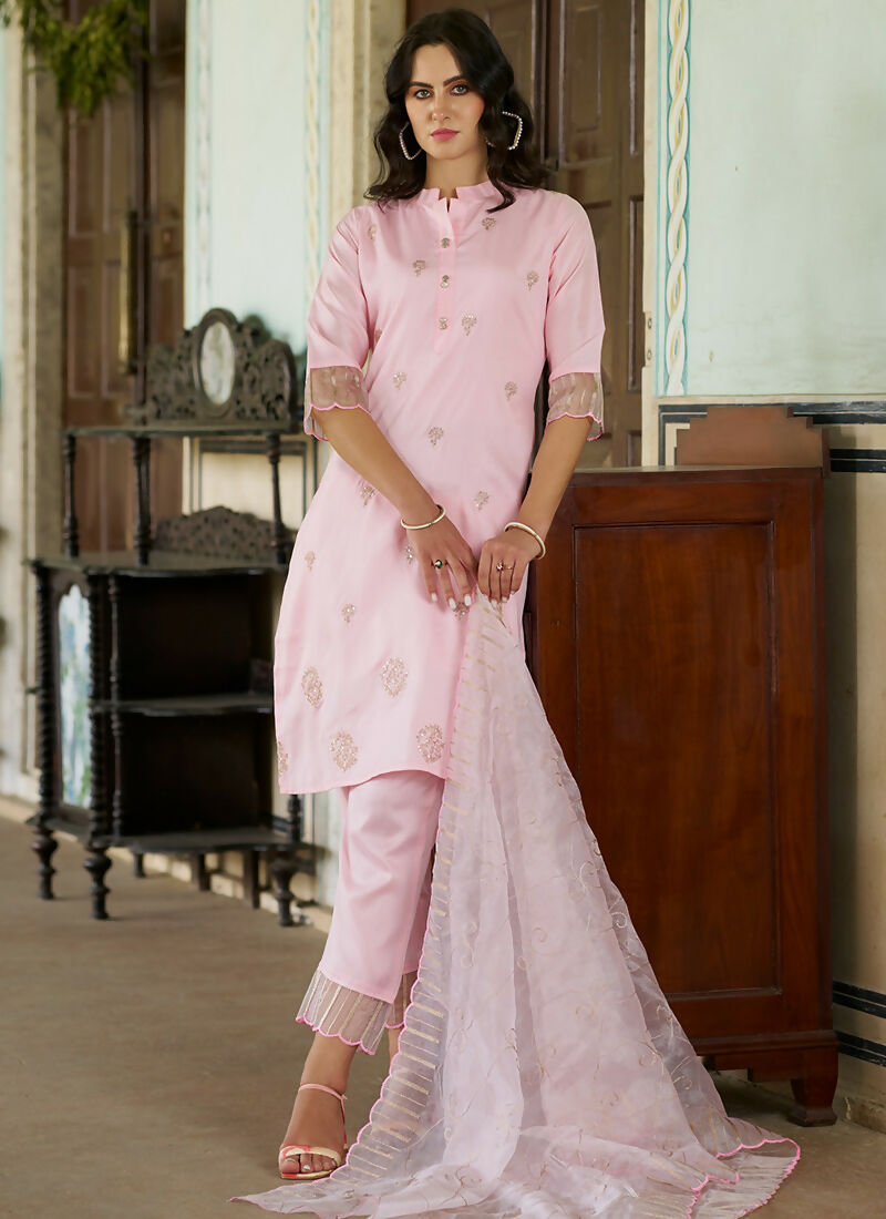 Vellora Baby Pink Silk Blend Casual Embroidered Readymade Suit