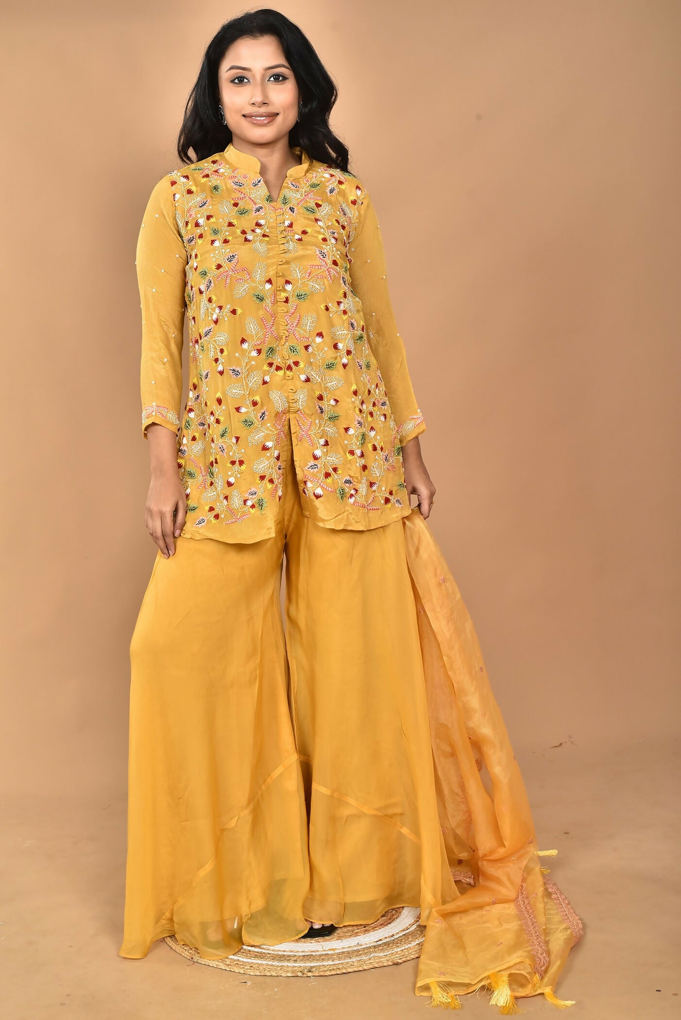 Morchari Women And Hand Embroidery Palazzo Set-Yellow