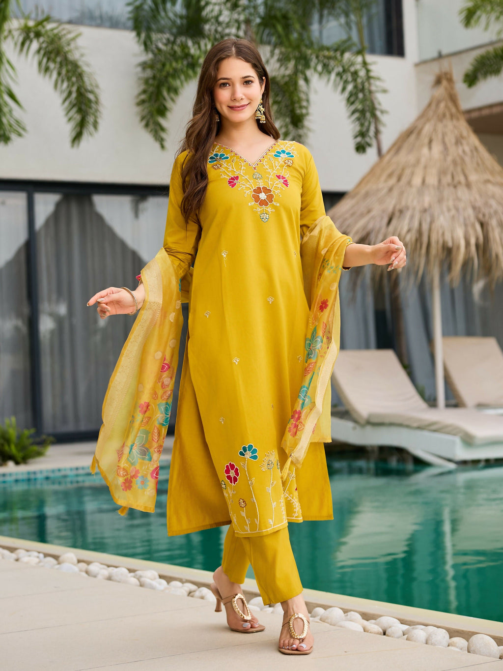 The52 Yellow Women's Gorgeous Embroidered work Viscose Gadhwal Fabric Straight Kurta, Pant and Dupatta Set - Distacart