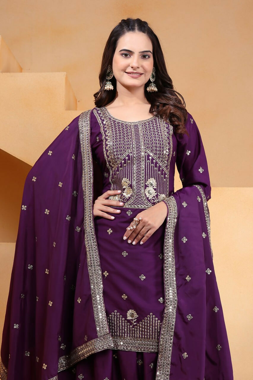 Joban Fashion Wine Crepe Embroidered Sharara Set - Distacart