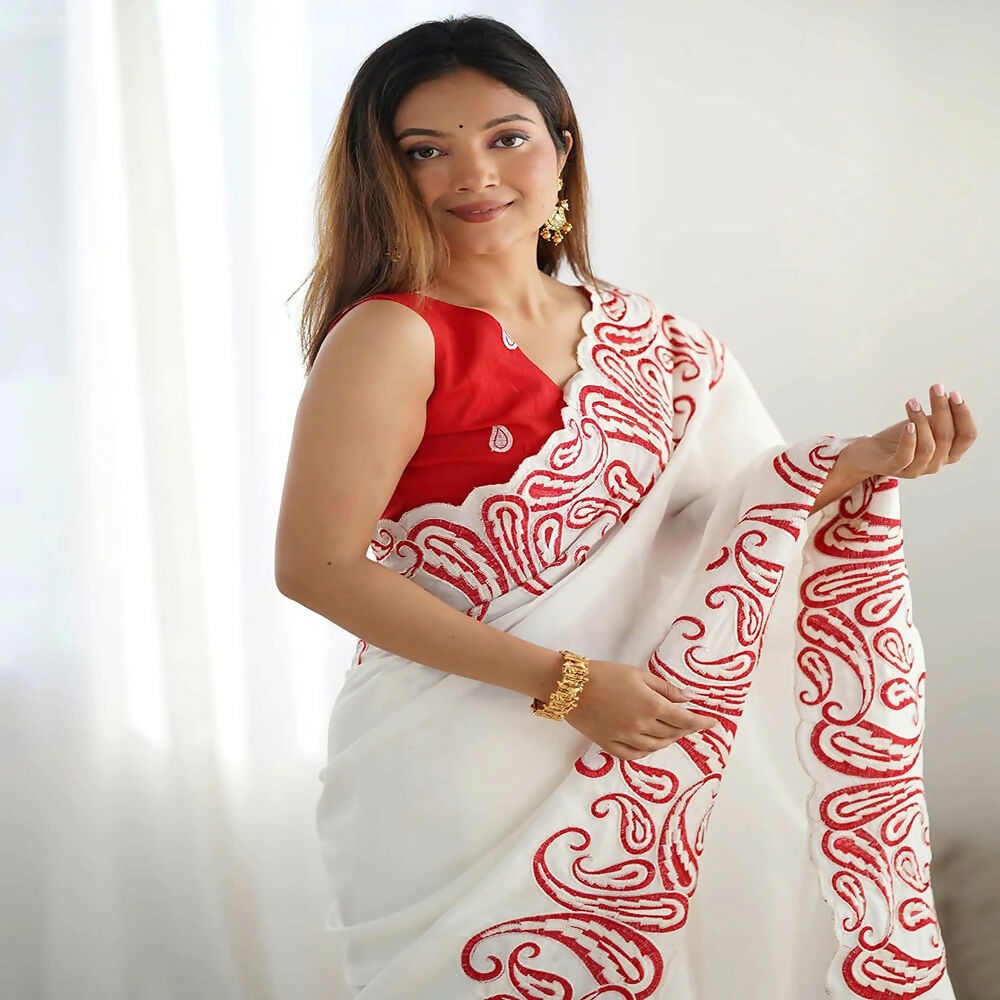 Joban Fashion Silk Blend Off White & Red Saree - Distacart