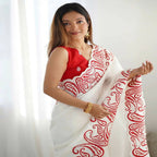 Joban Fashion Silk Blend Off White & Red Saree - Distacart