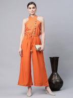Ahalyaa Womens Orange Crepe Gold Stripped Print Jumpsuit - Distacart