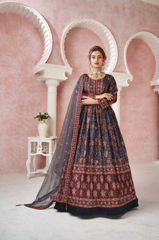 Everywhere Designer Navy Blue Dola Silk Gown With Dupatta - Anbazaar - Distacart