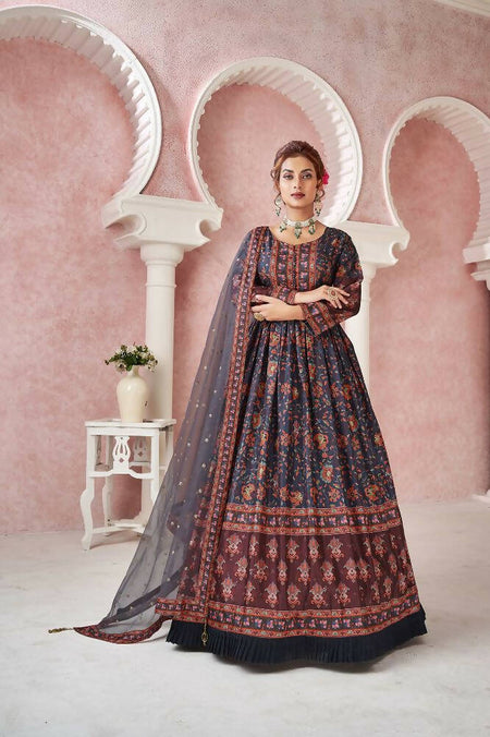 Everywhere Designer Navy Blue Dola Silk Gown With Dupatta - Anbazaar