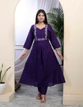 Miravan Women's Purple Embroidered Sweetheart Neck & Accordion Pleated Solid A-Line Kurta And Palazzo Set