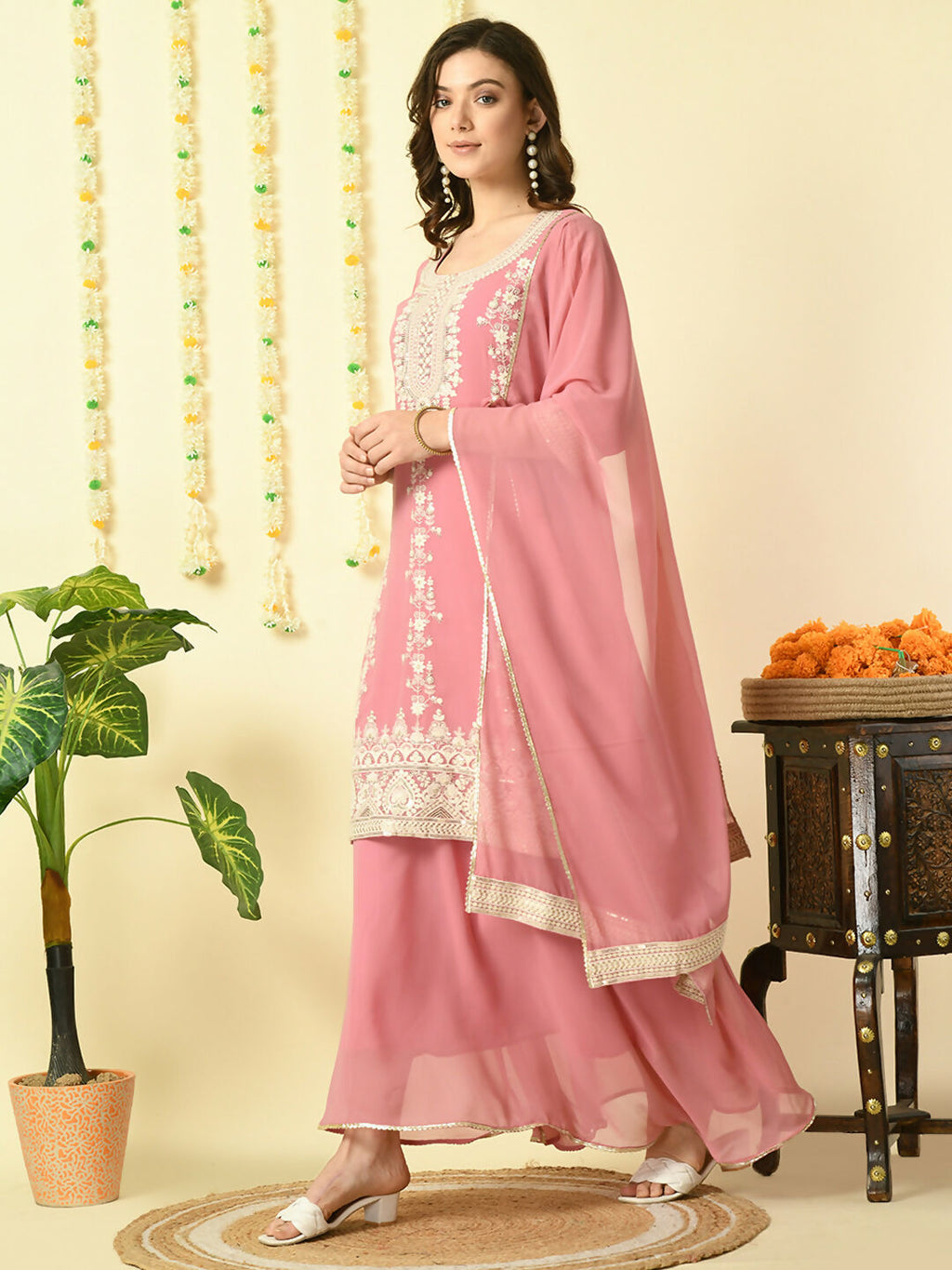 Myshka Women's Pink Georgette Kurta & Skirt With Dupatta Party Sets