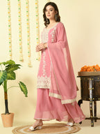 Myshka Women's Pink Georgette Kurta & Skirt With Dupatta Party Sets