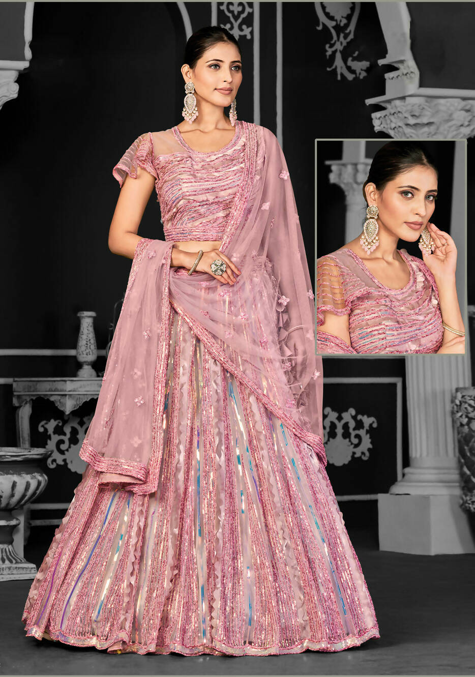 Pink Net Semi-Stitched Bridal Lehenga - Nimayaa Bonanza