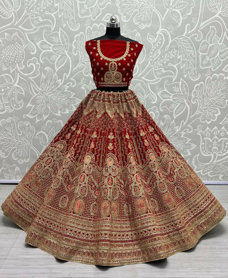 Jyoti Fashion Women's Red Velvet Multi Thread Embroidered with Zircon Diamond Wedding Lehenga Choli