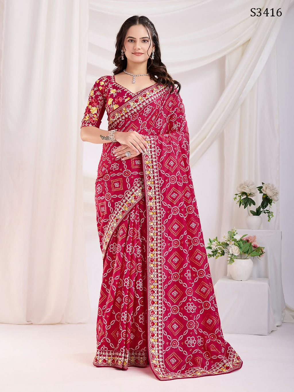 Red Vichitra Silk Bandhani Printed, Embroidery Work Saree - Ditya
