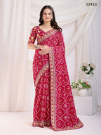 Red Vichitra Silk Bandhani Printed, Embroidery Work Saree - Ditya