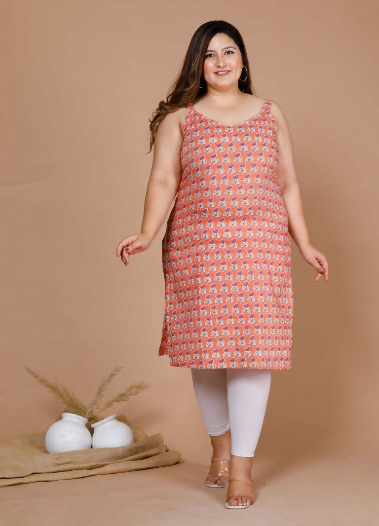 Miravan Women's Plus Size Peach-Coloured Floral Printed Straight Kurta