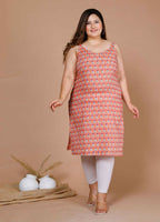 Miravan Women's Plus Size Peach-Coloured Floral Printed Straight Kurta