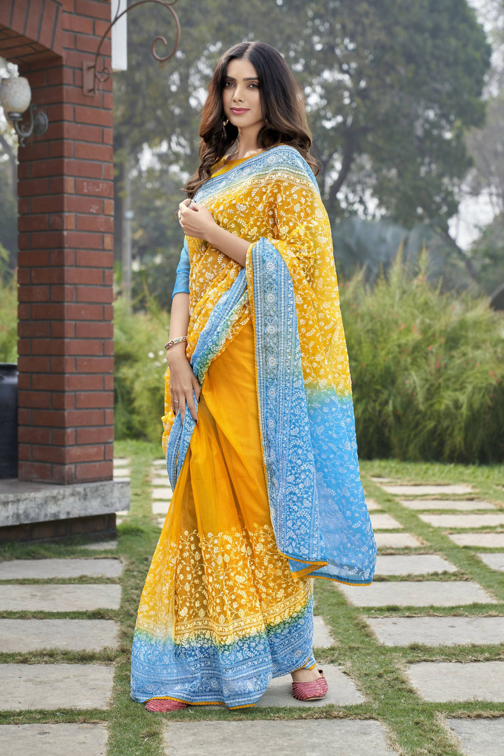Vamsee Srivani Chikankari Yellow Organza Silk Saree