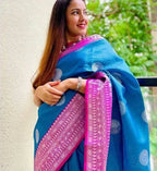 DEIANA'S Beautiful Designer Golden zari Soft Lichi Silk Saree - Blue