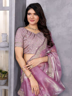 Vastranavya Lavender Embroidery Work Shimmer Chiffon Saree with Unstitched Blouse - Distacart