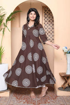 Miravan Womens Printed V-Neck Cotton Anarkali Kurta Brown - Distacart