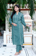 Miravan Women's Cotton Blue Floral Printed Straight Kurta And Palazzo