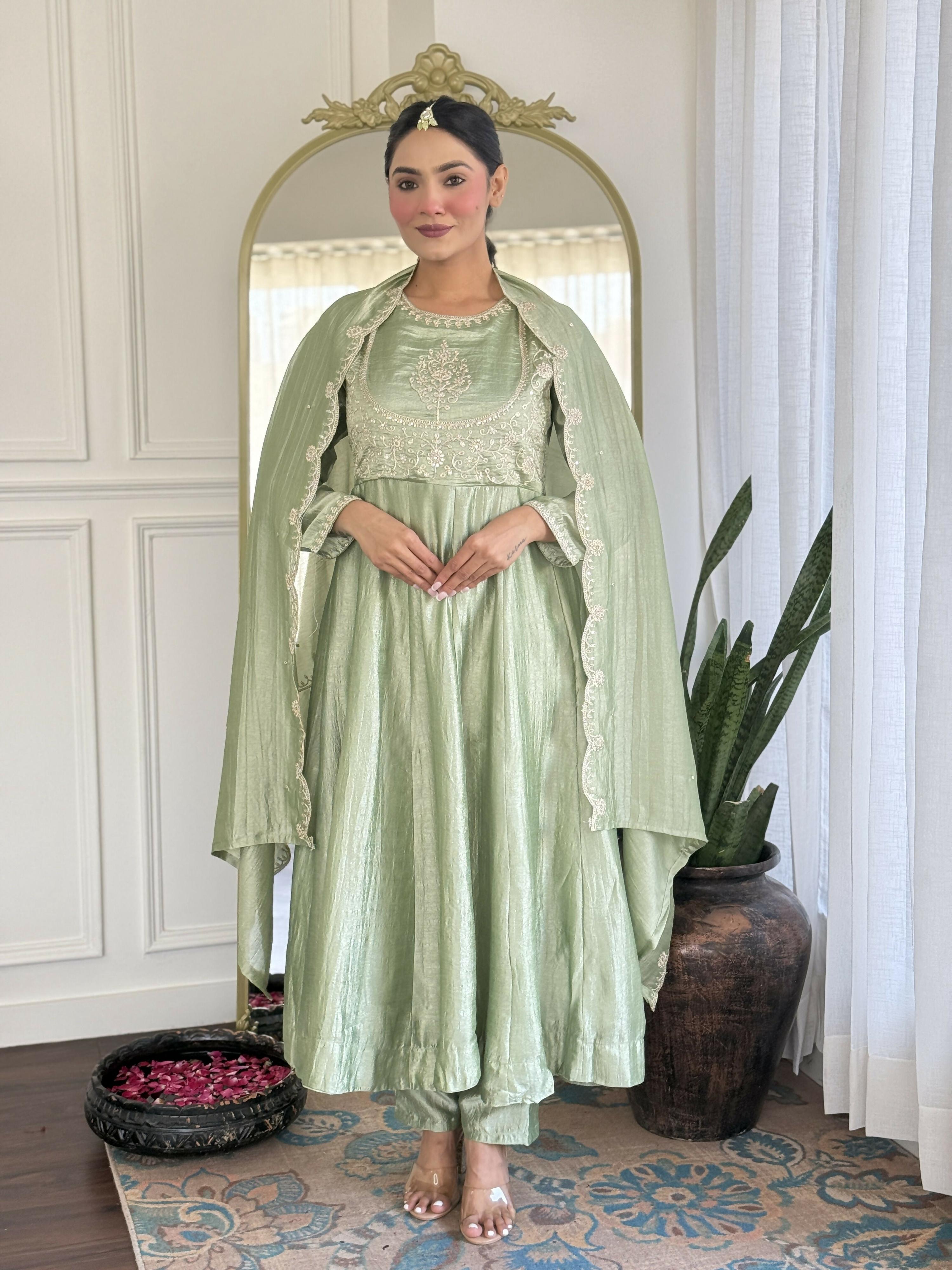 The52 Pista Women's Gorgeous Embroidered Vichitra Silk Fabric Flared Kurta Pant with Dupatta Set - Distacart