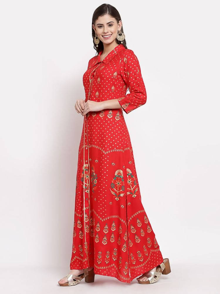 Myshka Women's Red Cotton Printed 3/4 Sleeve Collar Neck Casual Anarkali Kurta