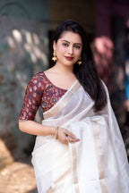 White Silk Blend Kalamkari Saree with Unstitched Blouse - A2M - Distacart
