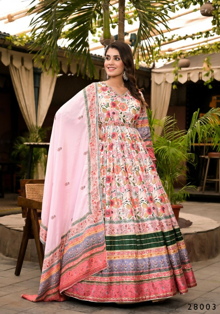 Wedding Designer Multi Soft Dola Silk Anarkali suit with Dupatta - Sanj
