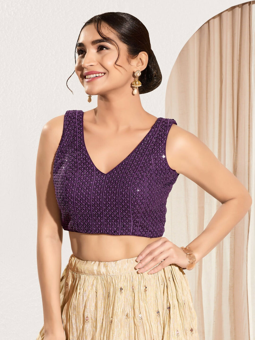 Joban Fashion Wine Sequence Padded Blouse With V Neck Sleeveless - Distacart