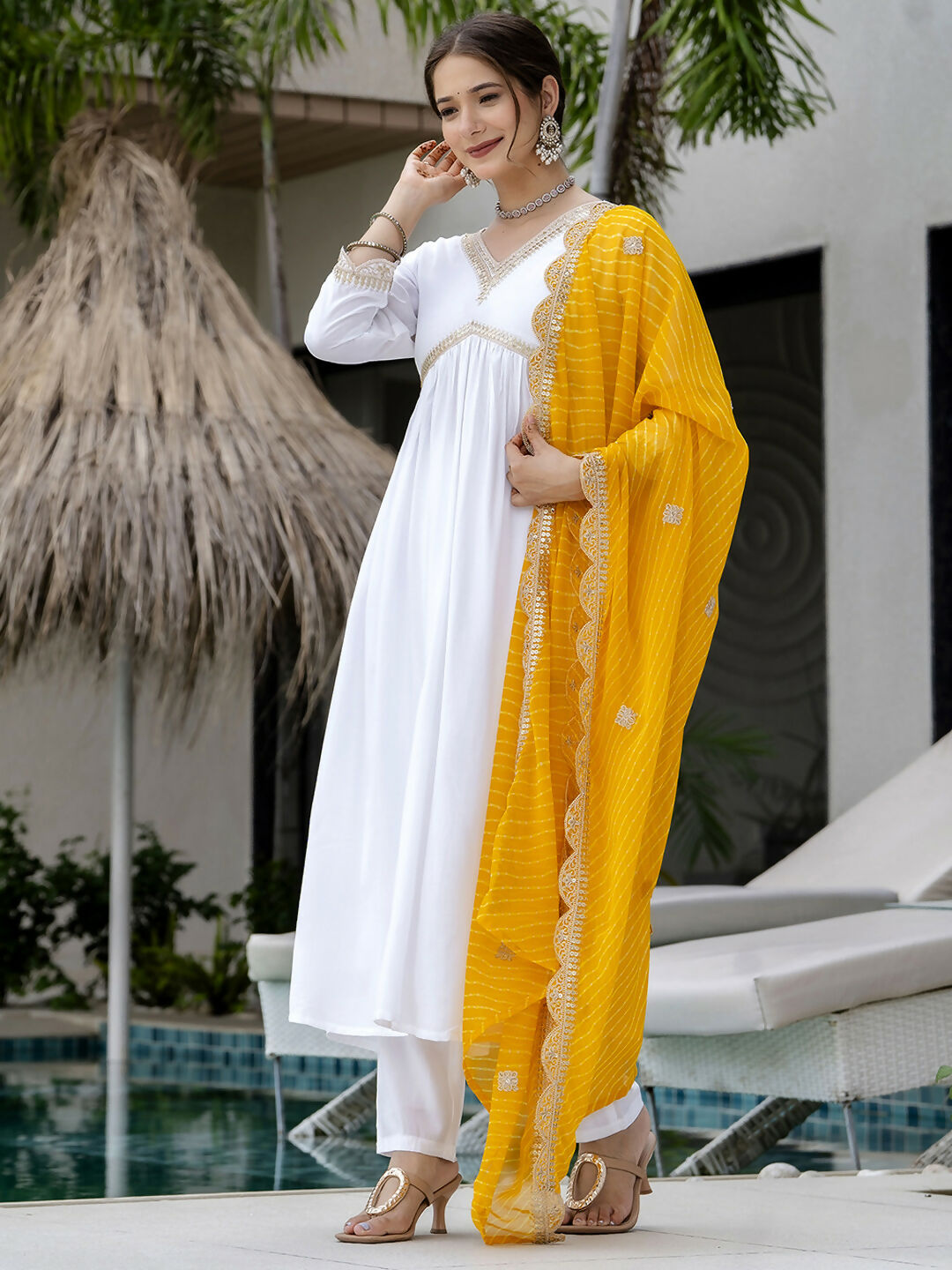 The52 White Women's Gorgeous Embroidered Chanderi Fabric Straight Kurta, Pant and Dupatta Set - Distacart
