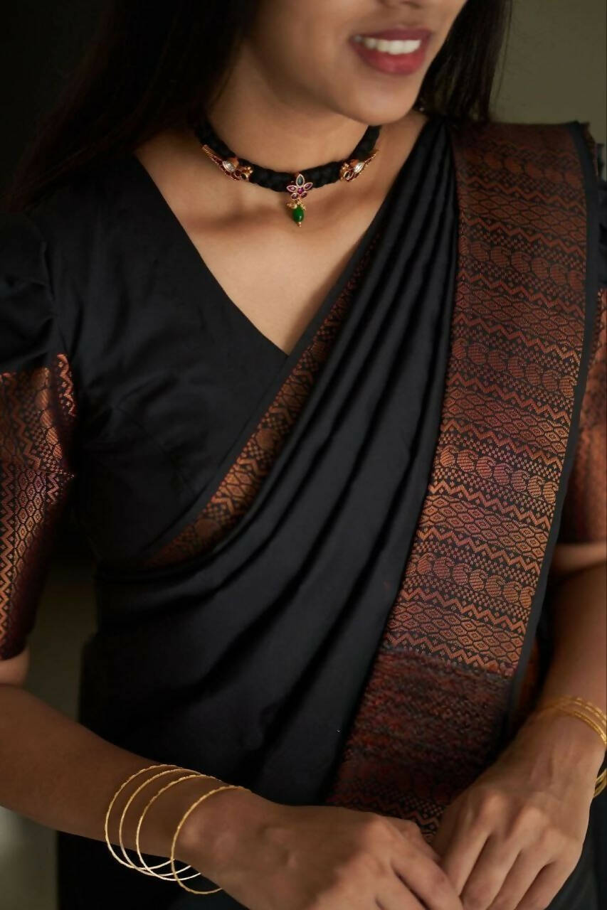 DEIANA'S Beautiful Designer Golden zari Soft Lichi Silk Saree - Black