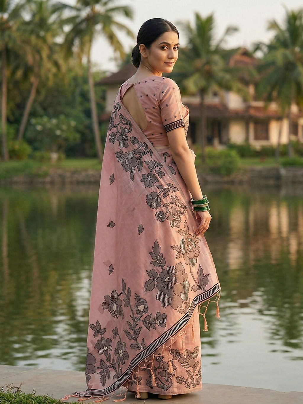 Shree Shyam Fashion Peach Linen Cotton Saree - Distacart