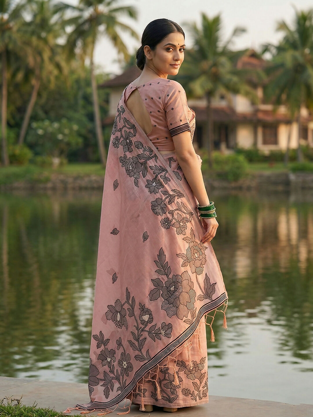 Shree Shyam Fashion Peach Linen Cotton Saree - Distacart