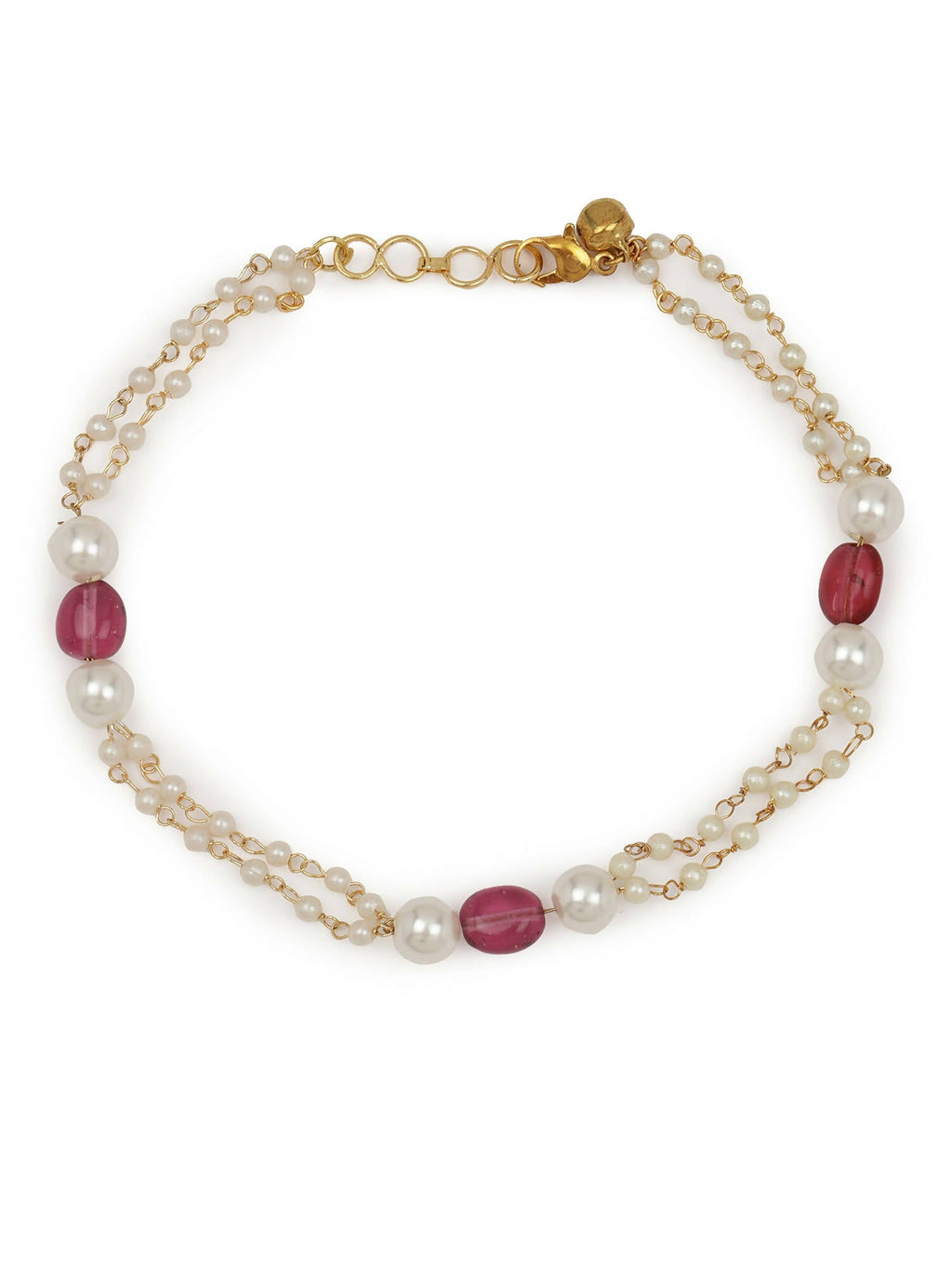 Gold-Plated Pink White Pearl Beaded Anklets Set Of 2 - Ruby Raang - Distacart